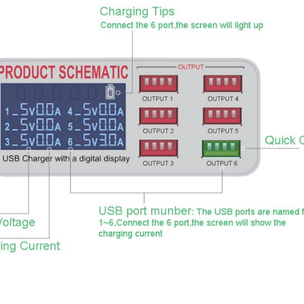 WLX-899 Σταθμός Φόρτισης USB 6 Θέσεων με Οθόνη Ενδείξεων LCD
